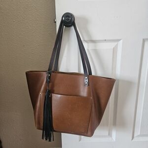 Brown Leather Tote Bag with Tassel